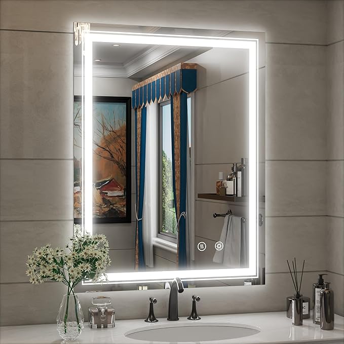 28x36 Inch LED Bathroom Mirror with Lights, Adjustable 3000K/4500K/6000K, Wall Mounted Lighted Bathroom Vanity Mirror, Memory Funtion, Stepless Dimmable, Anti-Fog, Horizontal/Vertical