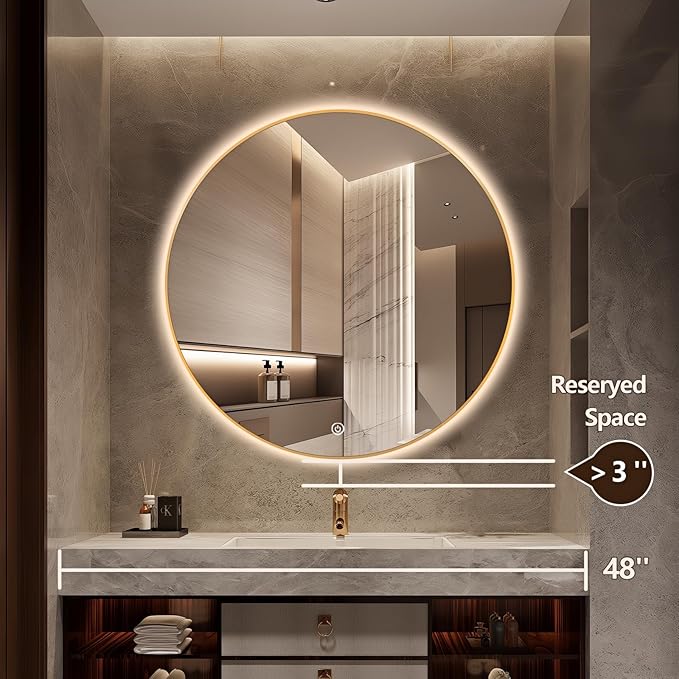 44" Round LED Bathroom Mirror, Wall Mounted Round Backlit Mirror LED Bathroom Vanity Mirror with Lights Fog Free Circle Lighted Mirror with Gold Frame, Smart Light up Mirror 3-Color