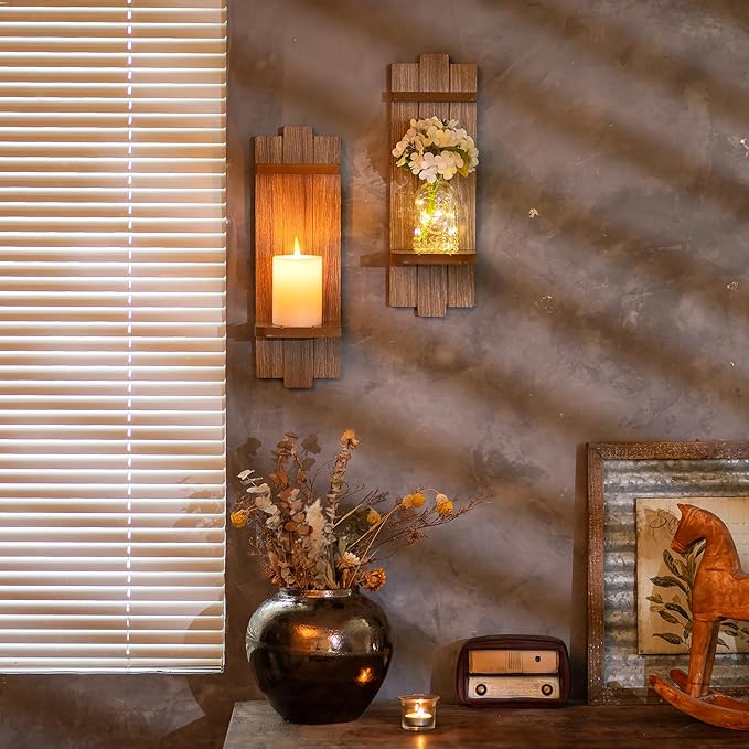Wall Candle Holder for Farmhouse: Wood Floating Shelves Candle Sconces Wall Decor Set of 2 - Distressed Candle Holders for Small Vase Pillar Candles Tealight