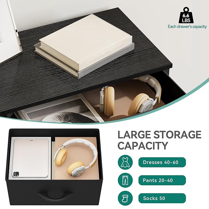 DWVO Storage Tower with 4 Drawers - Fabric Dresser, Organizer Unit, Living Room, Closets - Sturdy Steel Frame, Easy Pull Fabric Bins & Wooden Top