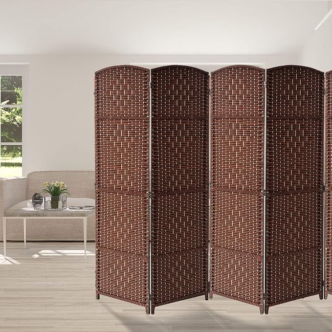 Sorbus Room Divider 6 ft. Tall - Privacy, Wide Double Hinged Panels, Mesh Hand-Woven Design, Folding Screens, Wall Divider for Room Separation, Brown Rust Wicker, 8 Panel