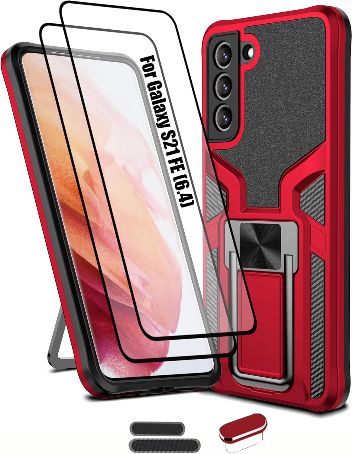 LMDAMZ Galaxy S21 FE 5G Case, Anti-fall Heavy Duty Military Grade Shockproof Kickstand, 6.4 Inch-Red