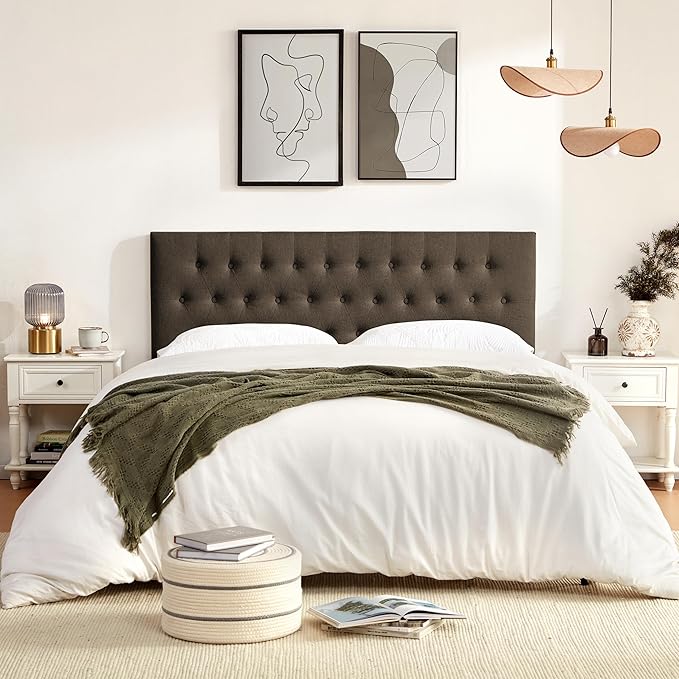 Tufted Upholstered Headboard Full Size, Solid Wood Head Board with Durable Metal Legs, Adjustable Height Bed headboard from 37” to 51” Fabric Headboard in Modern Button Design, Chocolate