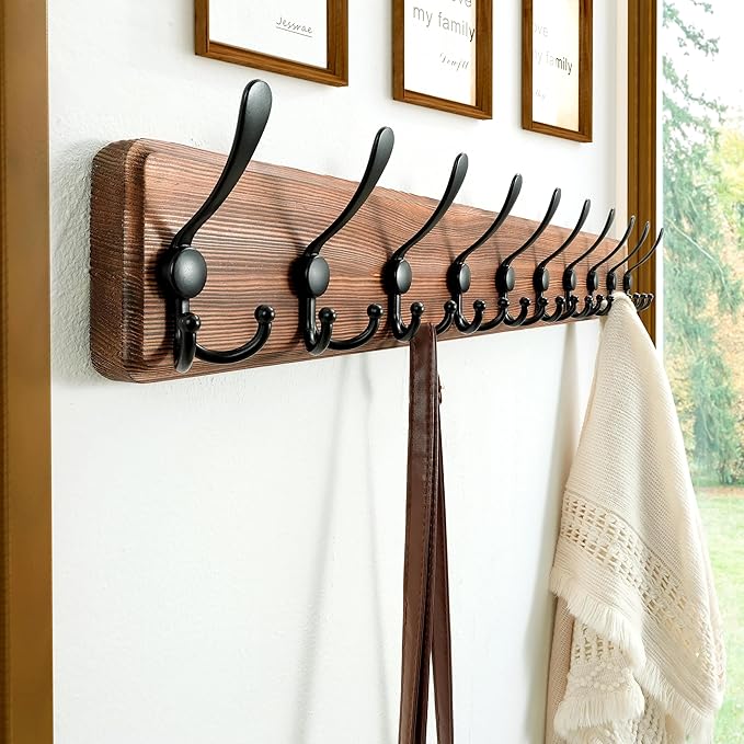 Dseap Coat Rack Wall - Heavy-Duty 38-1/4" Long, with Reinforced 10 Custom Tri-Hooks, Solid Wood Wall Hanger for Coats Hat Jackets - Rustic Farmhouse Entryway Storage, Natural & Black, Pack of 2