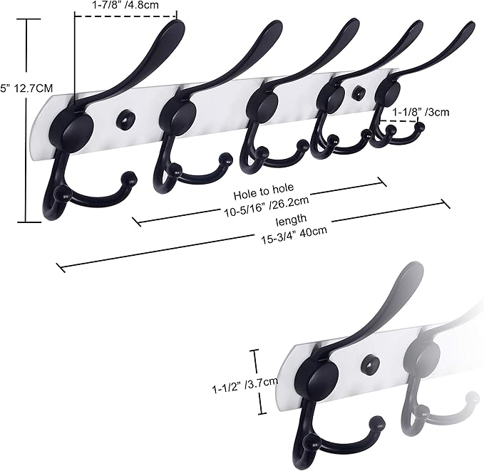 Dseap Wall Mounted Coat Rack - 5 Tri Hooks, Heavy Duty, Stainless Steel, Metal Coat Hook Rail for Coat Hat Towel Purse Robes Mudroom Bathroom Entryway (White & Black, 2 Packs)