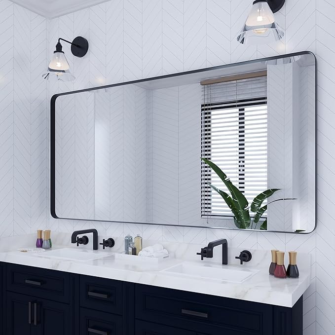 VocalStar Black Metal Framed Bathroom Mirror for Wall, 72 x 36 Inch Large Rounded Rectangle Matte Black Bathroom Vanity Mirror Farmhouse, 1/4-inch Shatterproof Glass | Ultra-Flush Hanging