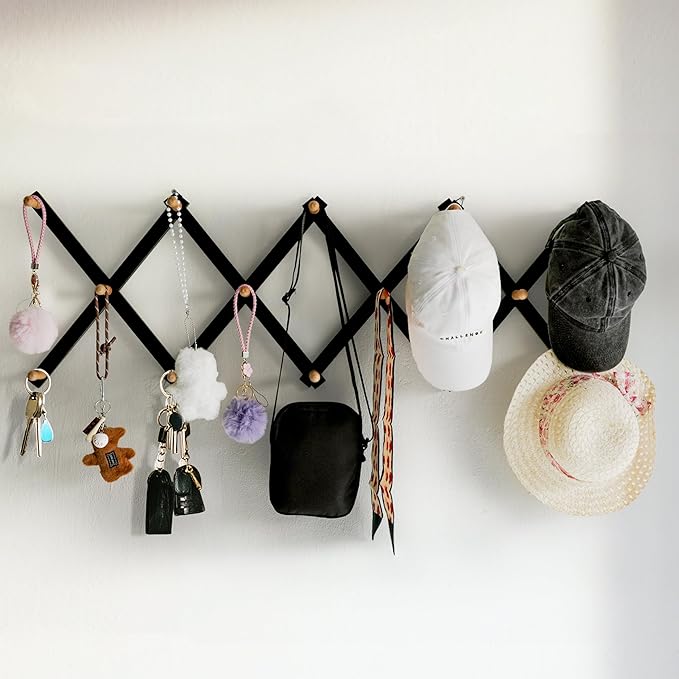 SKOLOO Hat Rack for Wall with 14 Hooks, Solid Wooden, Modern, Expandable Coat Rack Wall Mount for Coats, Hats, Bags, Baseball Caps, Natural on Black