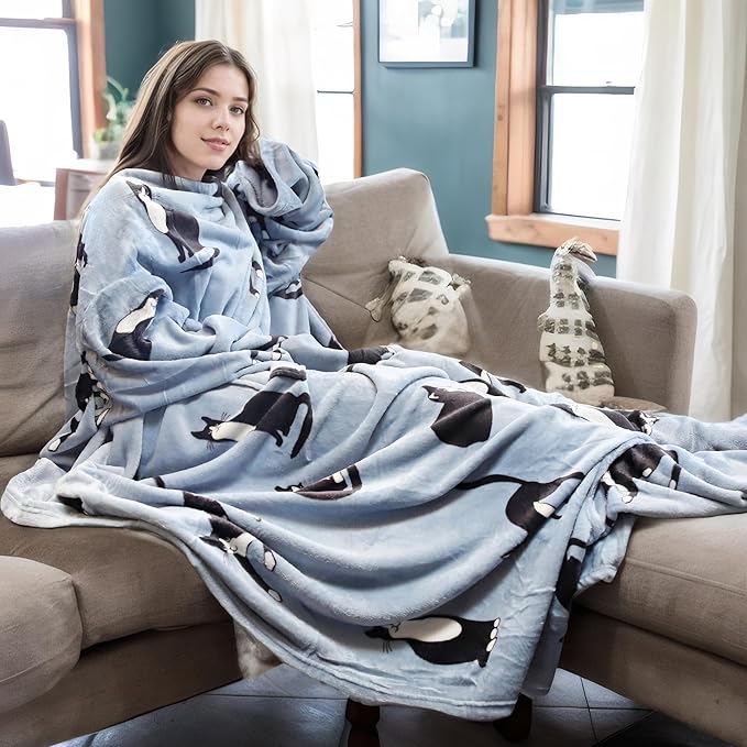 Catalonia Wearable Fleece Blanket with Sleeves and Foot Pockets for Adult Women Men, Micro Plush Comfy Wrap Sleeved Throw Blanket Robe Large, Wondercat Grey