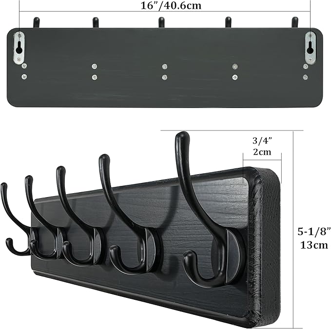 WEBI Coat Rack Wall Mount,Coat Hanger Wall,16" Hole to Hole,Coat Hooks Wall Mounted,Hook Rack,5 Hooks for Hanging Coats,Hats,Jacket,Clothes,Entryway,Black