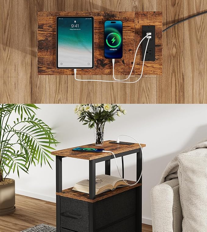 Narrow Side Table for Small Spaces, Skinny End Table with Charging Station, Sofa Beside Table with 2 Drawers 1 Open Compartment, Slim Nightstand with USB Ports Outlet, Rustic and Brown UTBT004F