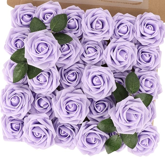MACTING Artificial Lavender Flowers 30PCS Real Touch Fake Flowers with Stem Soft Foam Roses DIY Wedding Bouquet Boutonniere Table Centerpieces Party Spring Summer Home Decor
