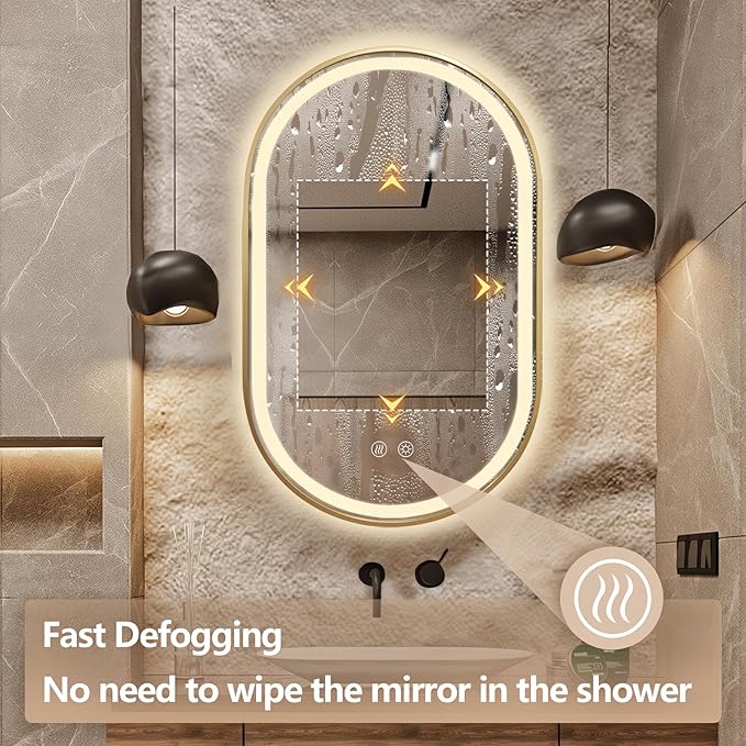 Niccy Oval LED Mirror for Bathroom, 32x20 Front Lit + Backlit Vanity Mirrors with Light Anti-Fog, Shatter-Proof, Makeup Mirror with Gold Frame (Horizontal/Vertical)