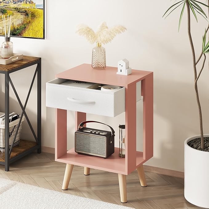 GYIIYUO Nightstands Set of 2 with Fabric Storage Drawer and Open Wood Shelf, Side Table with Storage for Bedroom, Bedside Tables - Pink