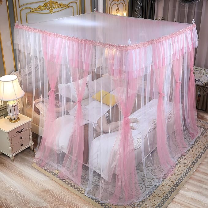 Joyreap Luxury 4 Corners Post Canopy Bed Curtains - Pink & White Cozy Drape Netting - Cute Princess Bedroom Decoration Accessories (47" W x 78" L, Twin)