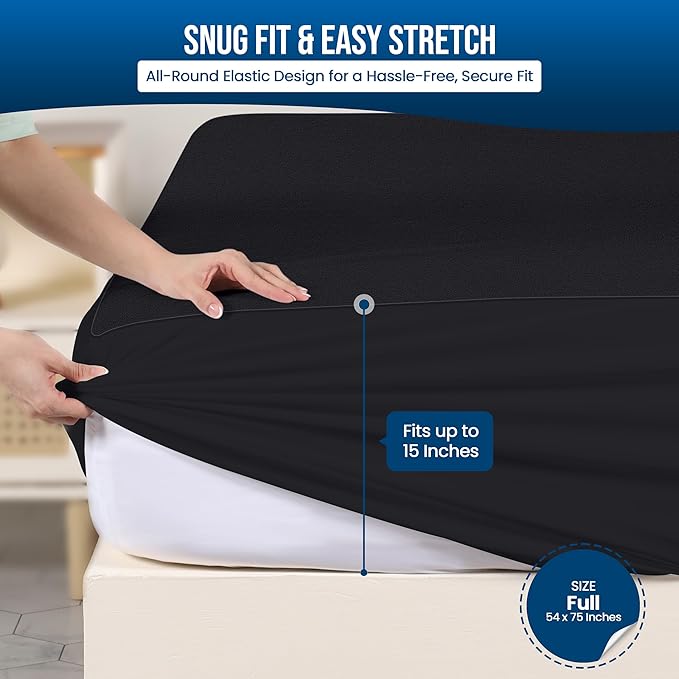 Utopia Bedding Waterproof Mattress Protector Full Size, Premium Terry Mattress Cover 200 GSM, Breathable, Fitted Style with Stretchable Pockets (Black)