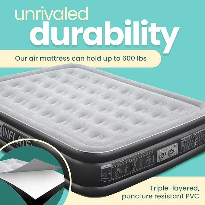EZ INFLATE Air Mattress with Built in Pump - Full Size Double-High Inflatable Mattress with Flocked Top - Easy Inflate, Waterproof, Portable Blow Up Bed for Camping & Travel