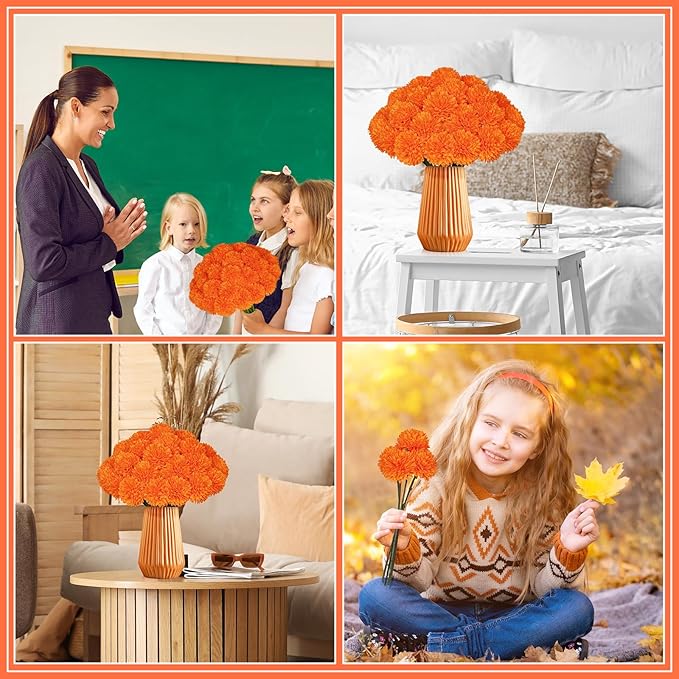 36 Pcs Artificial Chrysanthemums Flowers,Marigold Flower Fall Fake Flowers Orange Silk Mums Bouquet Decor Faux Ball Flowers for Autumn Day of Home Decor Indoor Wedding Table Centerpiece (Orange)