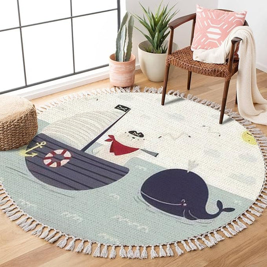 Round Boho Rug Cute Bear Pirate on a Ship Sailboat Whale Gulls Childish sea Ocean Area Rug Linen Rug Carpet Patio Rug Hallway Runner Rug Mat Pad Minimalist Home Decor for Living Room Outdoor