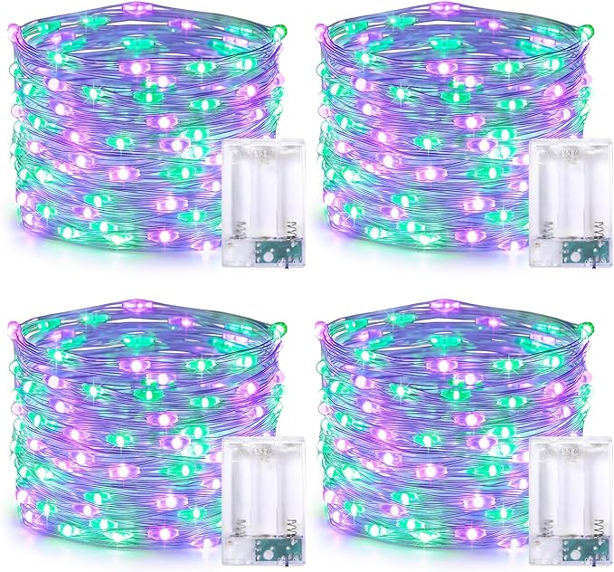 JMEXSUSS 4 Pack 50 LED Purple and Green Fairy Lights Battery Operated, 16ft String Fairy Lights for Tree Party Holiday Decor