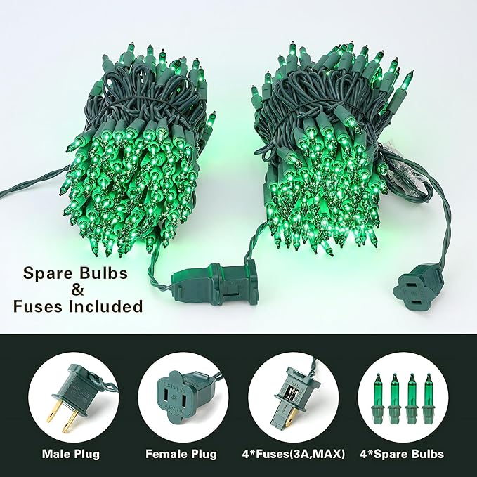 BrizLabs Christmas Lights, 69.6ft 300 Count Green String Lights, Connectable Incandescent Mini Light, 120V UL Certified Light String for Xmas Tree Indoor Outdoor St. Patrick's Day Party Decor