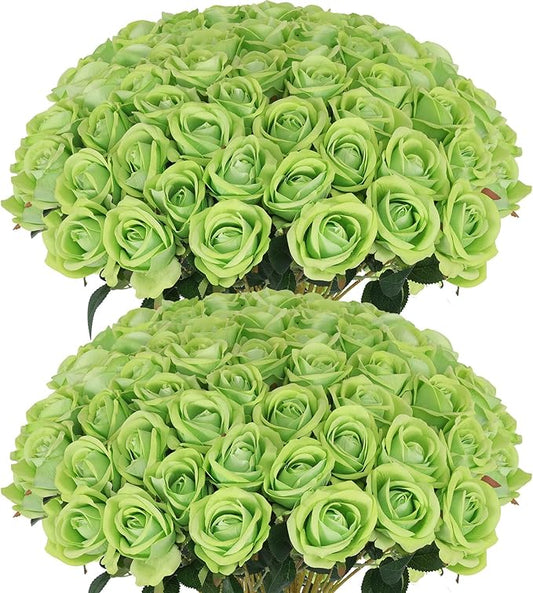Hananona Artificial Roses in Bulk, Fake Silk Roses Realistic Green Roses for Wedding Centerpieces Flower Arrangement St Patricks Day Home Decor (50, Light Green)