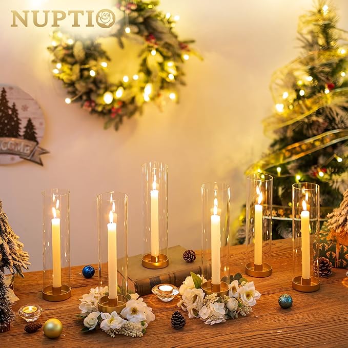 NUPTIO Hurricane Glass Candlestick Holders: 10 Set Bulk Gold Taper Candle Holder Metal Candle Stick Stand with 11.81 inch Tall Windproof Clear Seelves for Outdoor & Indoor Wedding Party Holiday Decor
