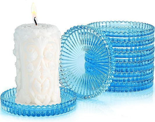 Glass Candle Holders, GOH DODD Set of 8 Crystal Pillar Plates Modern Coasters for Drinks, Centerpiece, Home Decor, Kitchen, Living Room, Patio, Wedding, Halloween, Christmas, Party, Clear Blue
