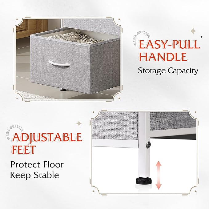 WLIVE Nightstand with 3 Drawers, Fabric Dresser, Organizer Unit, Storage Dresser for Bedroom, Hallway, Entryway, Closets, Sturdy Steel Frame, Wood Top, Easy Pull Handle, Light Grey