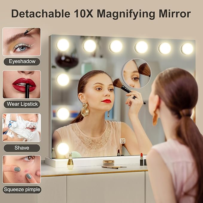 S'bagno Vanity Mirror with Lights, 12 Dimmable LED Bulbs Hollywood Mirror, 3 Color Modes & Memory Function Makeup Mirror with Lights, Detachable 10X Magnification, Touch Control, USB-A(19''x14'')