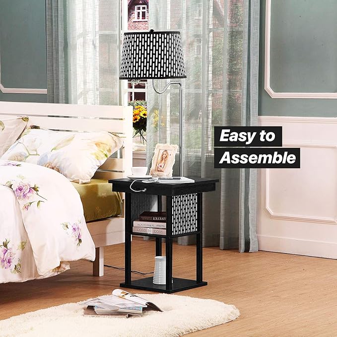 Brightech Madison Side Table with Lamp Combo with LED Bulb, Desk Lamp with USB Port, Bedside Reading Light, Modern End Table with Floor Lamp for Bedroom, Living Room, Office - Black