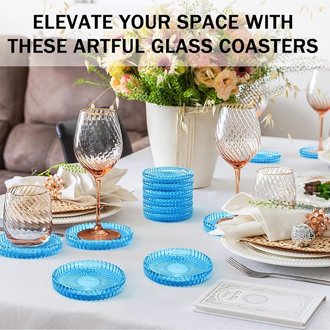 Glass Candle Holders, GOH DODD Set of 8 Crystal Pillar Plates Modern Coasters for Drinks, Centerpiece, Home Decor, Kitchen, Living Room, Patio, Wedding, Halloween, Christmas, Party, Clear Blue