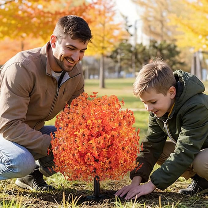 2 Pack 24" Artificial Fall Flowers Boxwood Topiary Ball Trees w/Ground Spike, UV Resistant Autumn Faux Orange Shrubs Bushes Boxwood Plant for Front Door Porch Patio Balcony Garden Yard Outdoor Decor