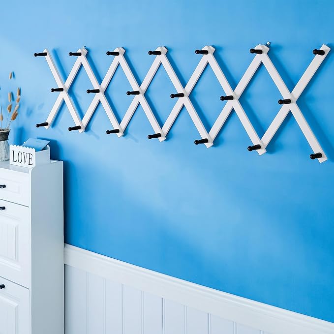 SKOLOO Hat Rack for Wall with 20 Hooks, Solid Wooden, Modern, Expandable Coat Rack Wall Mount for Coats, Hats, Bags, Baseball Caps, Black on White