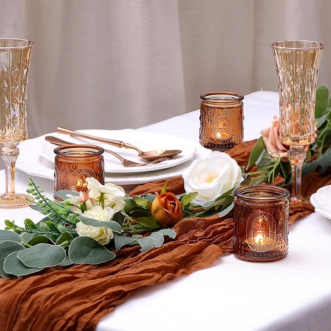 12 Pcs Vintage Amber Votive Candle Holders- Glass Amber Candle Holder for Centerpiece Table Decorations, Tea Light Candle Holders for Wedding Decor, Fall Decor, Thanksgiving and Christmas