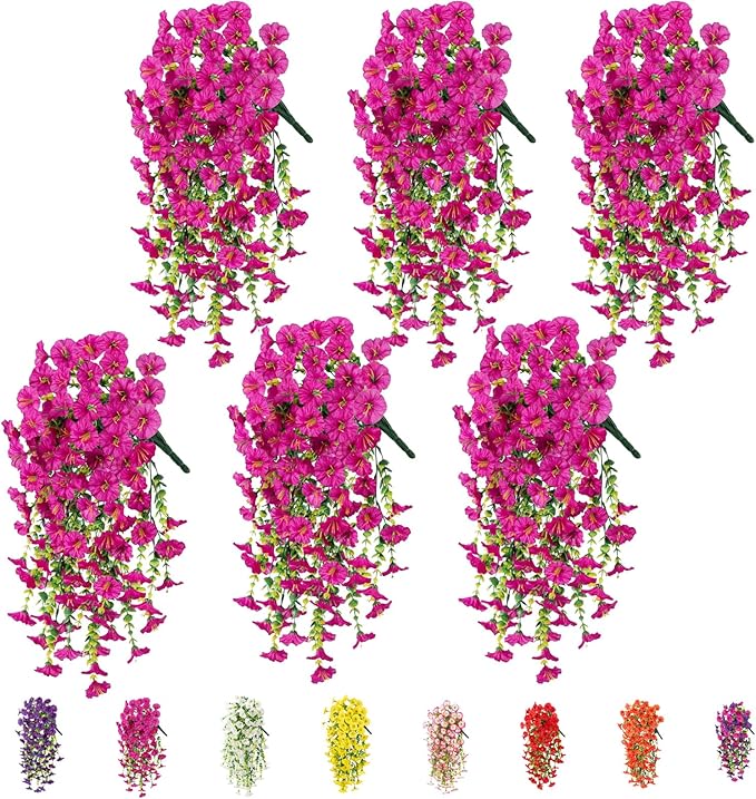 6-Pack Outdoor Faux Plants, 69-Flowered Large Morning Glory, Uv-Resistant Artificial Morning Glory,Perfect for Outdoor Decoration in All Seasons Such as Porches and Gardens (Light Purple)