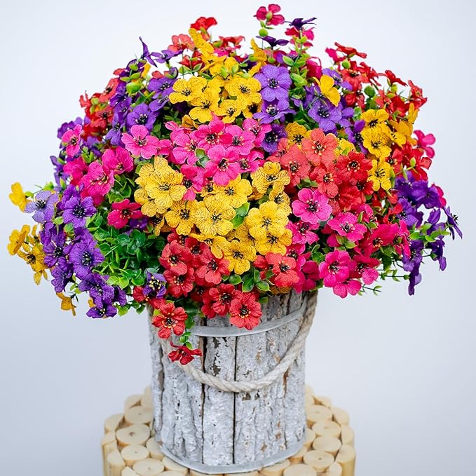 Artificial Flowers for Outdoors Fake Plants - 16 Bundles Faux Outside Greenery Boxwood UV Resistant Plastic Shrubs Decor (Mixed)