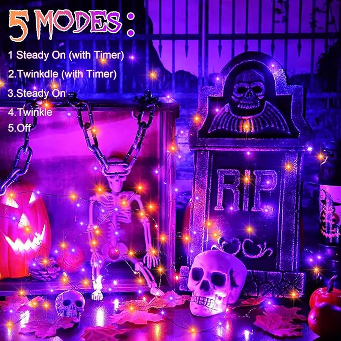 Purple Orange Halloween Timer Fairy Lights Battery Operated 4 Pack 16.4Ft 50 LED Black Wire Twinkle Lights with Timer 5 Modes for Halloween Indoor Outdoor Party Decoration