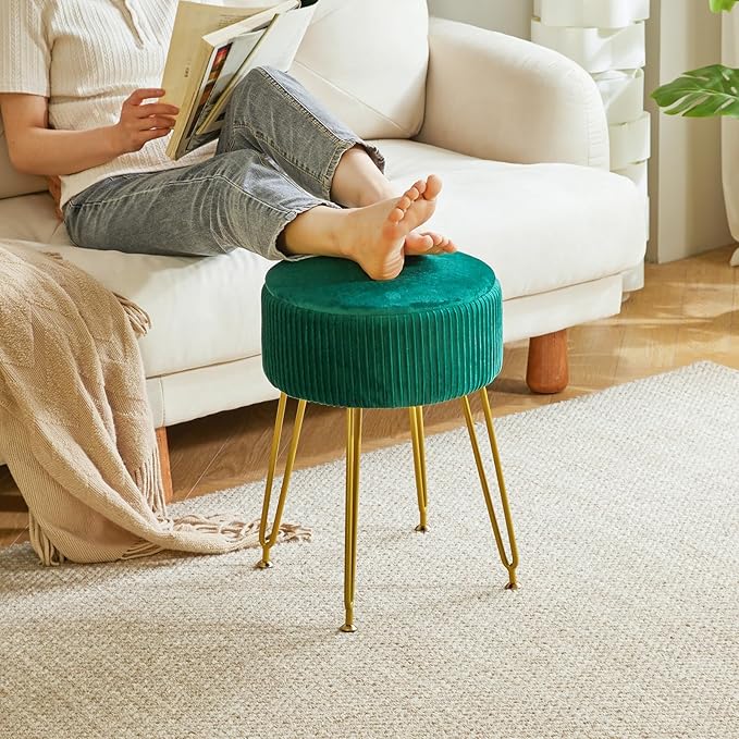 IBUYKE Velvet Storage Footrest Stool Ottoman, Makeup Vanity Stool Side Table with Golden Steel Legs Removable Cover, Coffee Table Top Cover, Green LG-20L