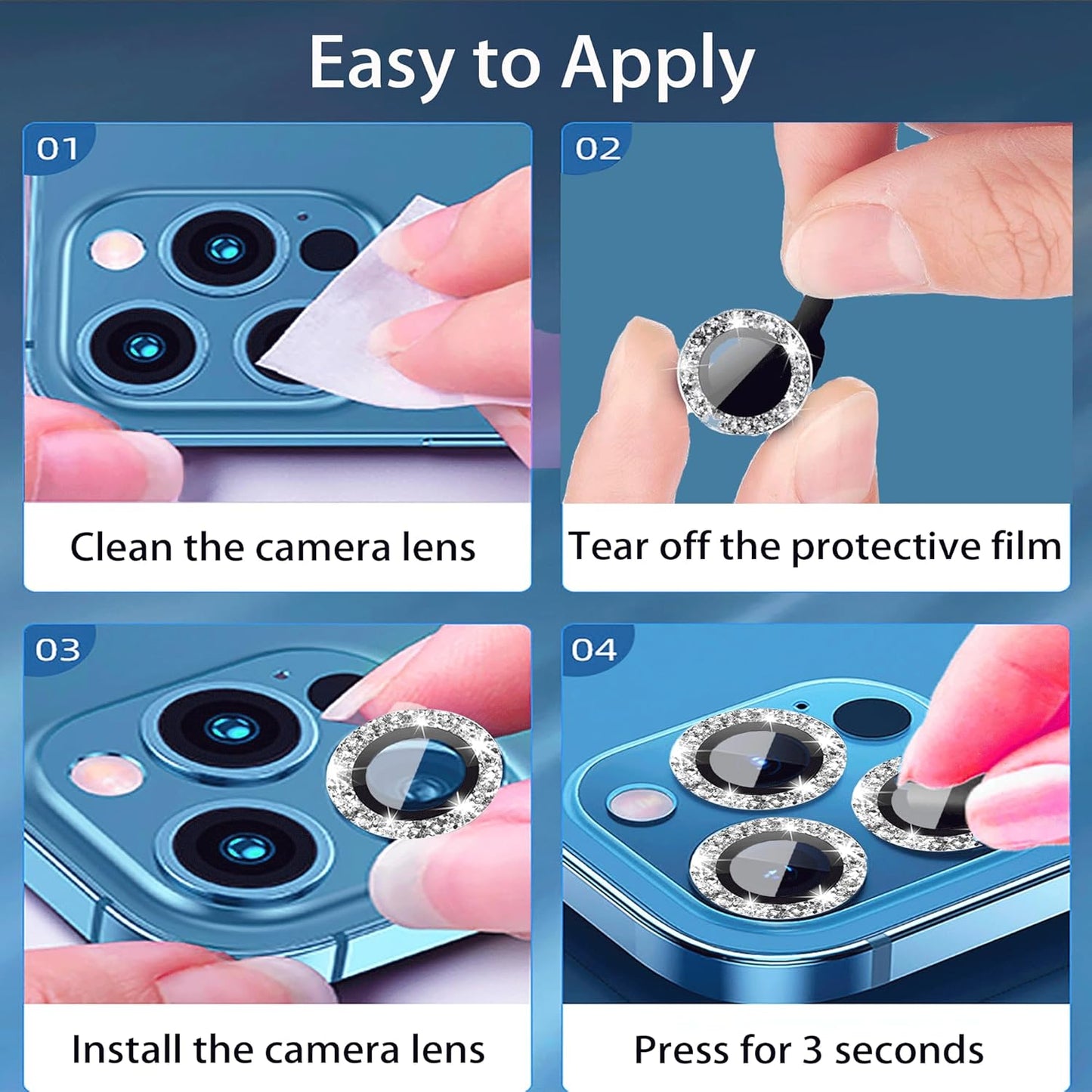 iPhone 11 Series Camera Lens Protector - 3+1 Glitter Bling, Tempered Glass, Case Friendly, Silver Ring Accessories.