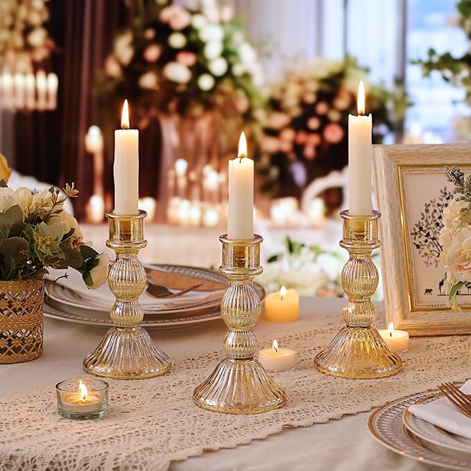 DARJEN Gold Candlestick Holders Set of 4 - Vertical Stripe Glass Candle Holders for Candlesticks and Taper Candles, Taper Candle Holder for Wedding, Party, Home Decor & Table Centerpieces