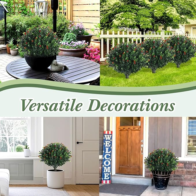 XunYee 4 Pcs 20" Artificial Topiary Ball Trees, Outdoor Artificial Shrubs Faux Bushes UV Resistance Greenery Fake Plants Tree with Ground Spike for Garden Porch Patio Indoor Decoration (Red Berries)
