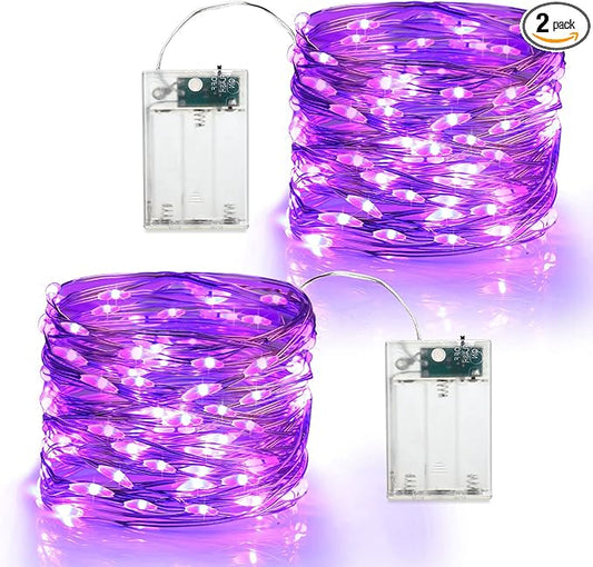 BrizLabs Purple Halloween Lights, 19.47ft 60 LED Purple Fairy Lights, 2 Modes Battery Halloween String Light, Indoor Silver Wire Battery Twinkle Light for Christmas Party Carnival Home Wedding Decor