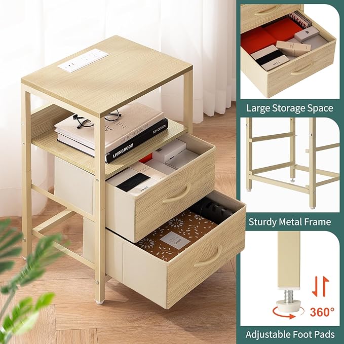Yoobure Nightstand with Charging Station, Small Night Stand with Fabric Drawers and Storage Shelf for Bedrooms, Nightstands for Small Spaces, Bedside Table with USB Ports & Outlets, Bed Side Table