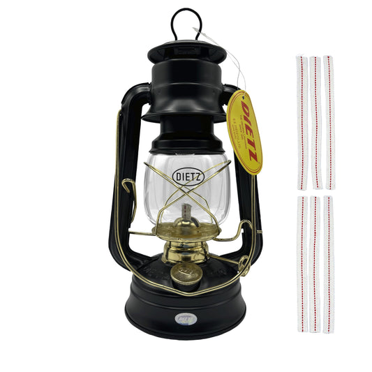 LIGHT OF MINE Oil Lantern - Dietz #76 Original, Black with Gold Trim, Metal, Replacement Wick Strips Included
