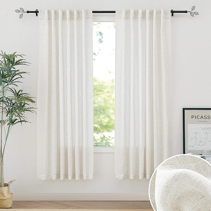 RYB HOME Sheer Linen Blend Curtains - Privacy Semi Translucent Linen Texture Draperies Soften Sunlight Glare Farmhouse Window Curtains for Living Room Cafe Laundry Room, 52" W x 72" L, 2 Panels