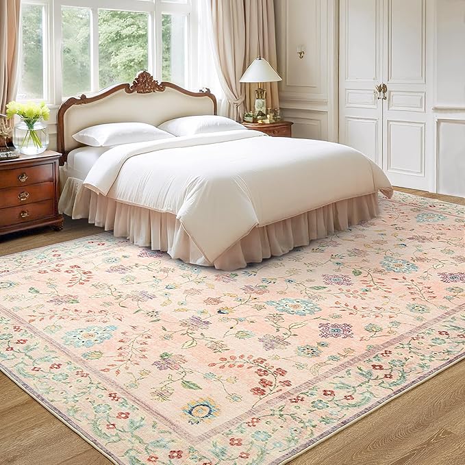 LOCHAS Washable Area Rugs 5x7, Pink Floral Rug for Living Room Bedroom Non Slip, Ultra Soft Vintage Indoor Carpet for Kids, Nursery, Dorm, Dining Room, Classroom, Boho Flower Home Decor, Low-Pile