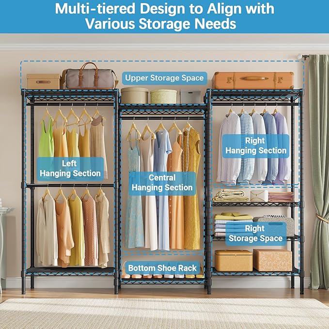 VIPEK V5C Plus Covered Clothes Rack Portable Wardrobe Closet, Heavy Duty Clothes Rack with Adjustable Shelves, Black Metal Clothing Rack with Black Upgarded Polyester Cover, Max Load 1040LBS