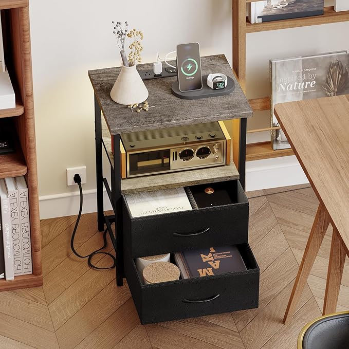 Fixwal Night Stand with Charging Station, LED Nightstand with U-S-B Ports and Outlets, 2 Fabric Storage Drawers with PU Finish, Bed Side Table, French Oak