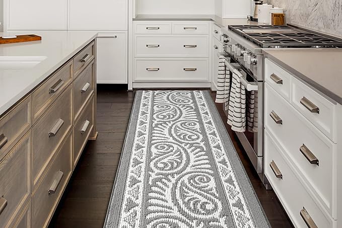 Custom Length Cut to Size Tribal Ethnic Southwestern Inspired Hallway Runner Rug, Non Slip Rubber Backed, 31 inch Wide X Customized Length, Mayan Grey, 31 inch X 17 feet