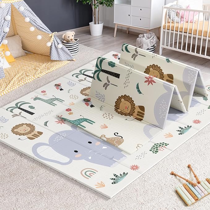 79x71 Foldable Baby Play Mat for Floor, Extra Large Non-Toxic Tummy Time and Crawling Playmat, Thick Foam Play Mat for Baby, Reversible Portable Babies Floor Mats for Infant, Toddler